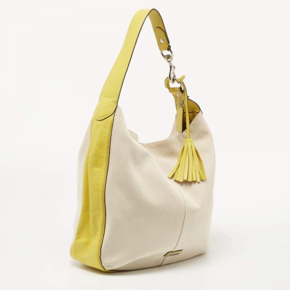 Coach Cream and Yellow Leather-Trim Hobo Shoulder Bag
